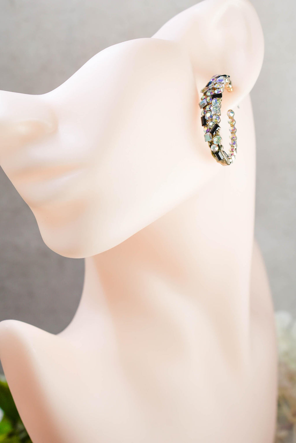 Bling Diva Semi Oblong Gold Tone AB Iridescent, Clear and Black Rhinestone Embellished Hoop Earrings Fashion Accessory Pageant Jewelry