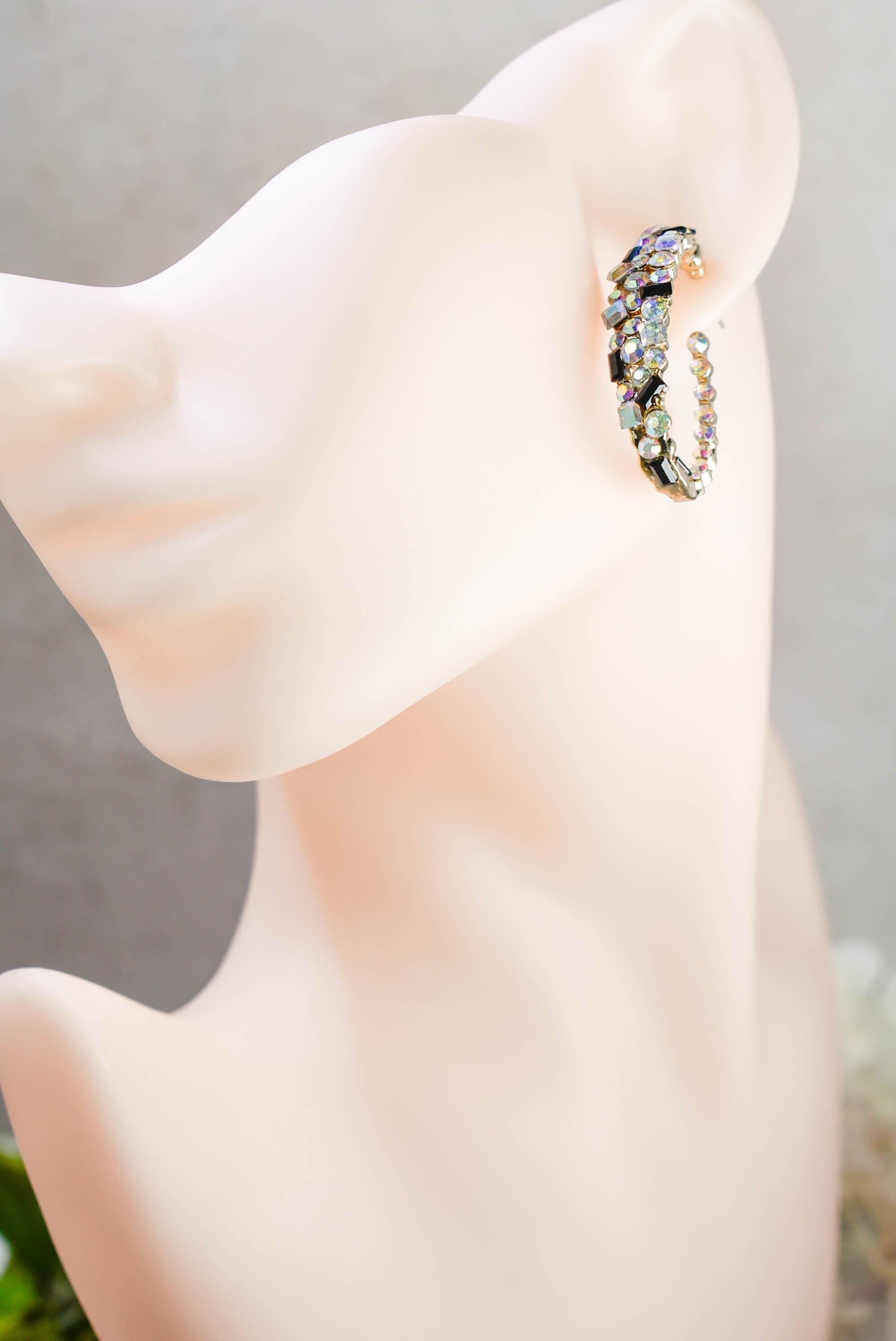 Bling Diva Semi Oblong Gold Tone AB Iridescent, Clear and Black Rhinestone Embellished Hoop Earrings Fashion Accessory Pageant Jewelry