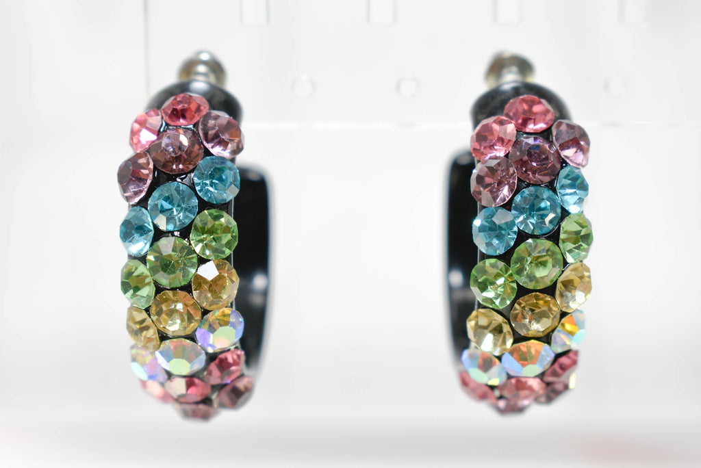 Black Diagonal Pattern Bling Lucite Light Multicolor Rhinestones 1.25" Hoop Earrings Pageant Weddings Night Out