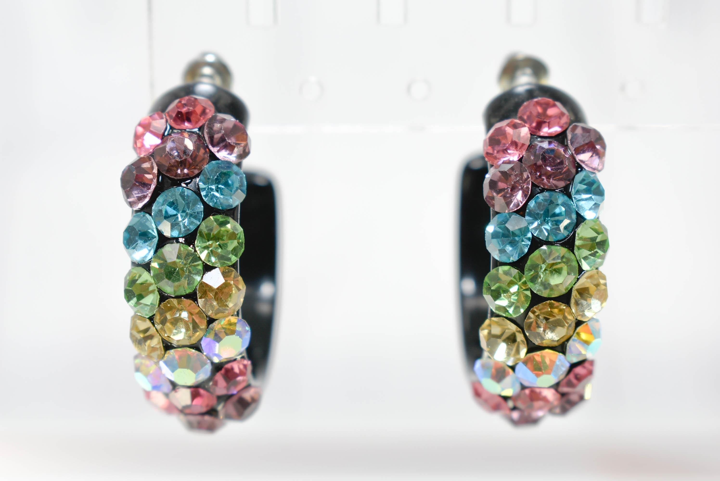 Black Diagonal Pattern Bling Lucite Light Multicolor Rhinestones 1.25" Hoop Earrings Pageant Weddings Night Out