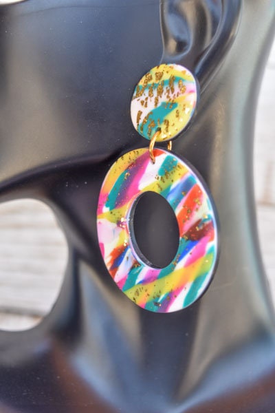 Boho Fashion Statement Handmade Multicolor Polymer Clay "Annie" Dangle Drop Earrings Gifts Women Gold Flakes