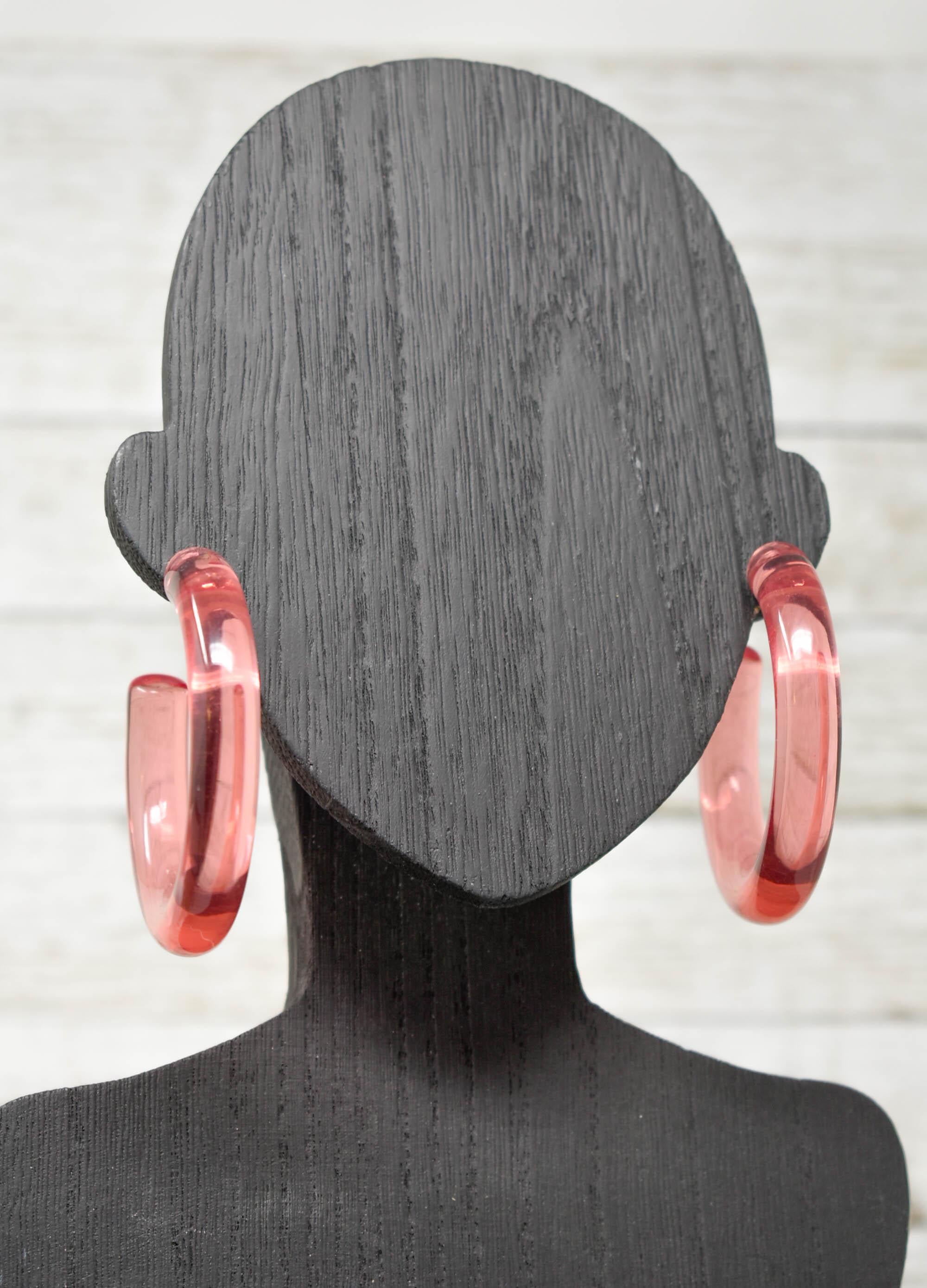 Translucent Clear Pink Peach Retro Chunky Lucite Hoop Earrings