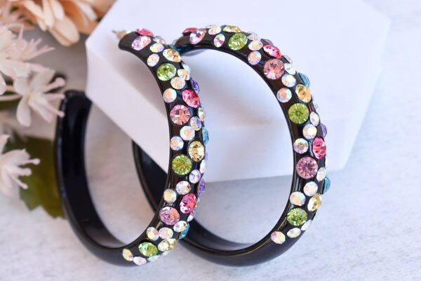 Bling Black Diagonal Pattern Statement Acrylic Lucite Light Tone Multicolor 2.5" Women's Hoop Earrings Pageant Weddings Night Out