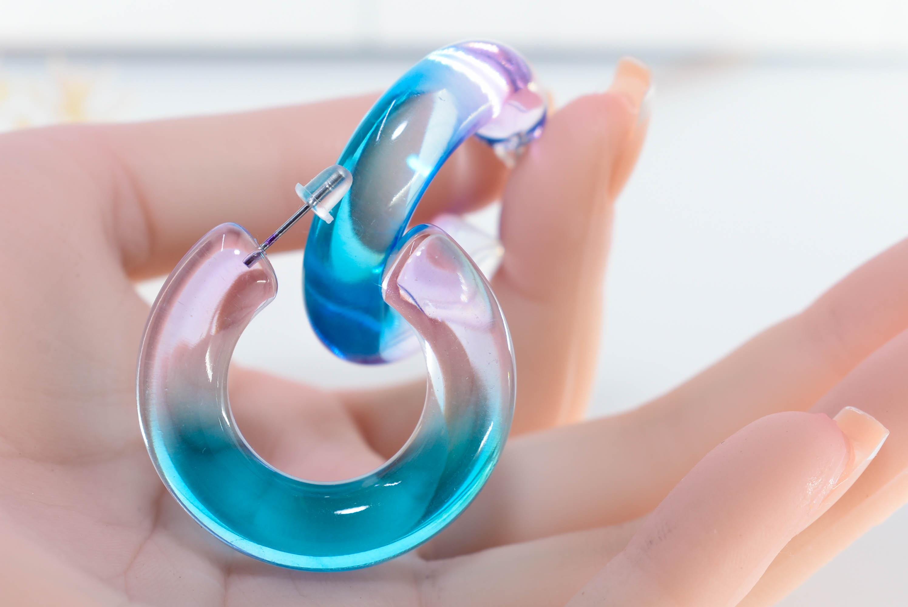 Translucent Gradient Blue Purple Retro Boho Semi Chunky Lucite Ombre Jelly 1.5" Hoop Earrings