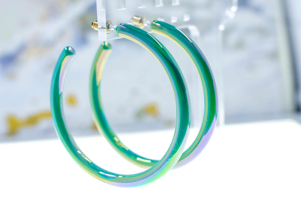 80s Iridescent Hoop Earrings: Mint Teal Groovy Statement Accessory