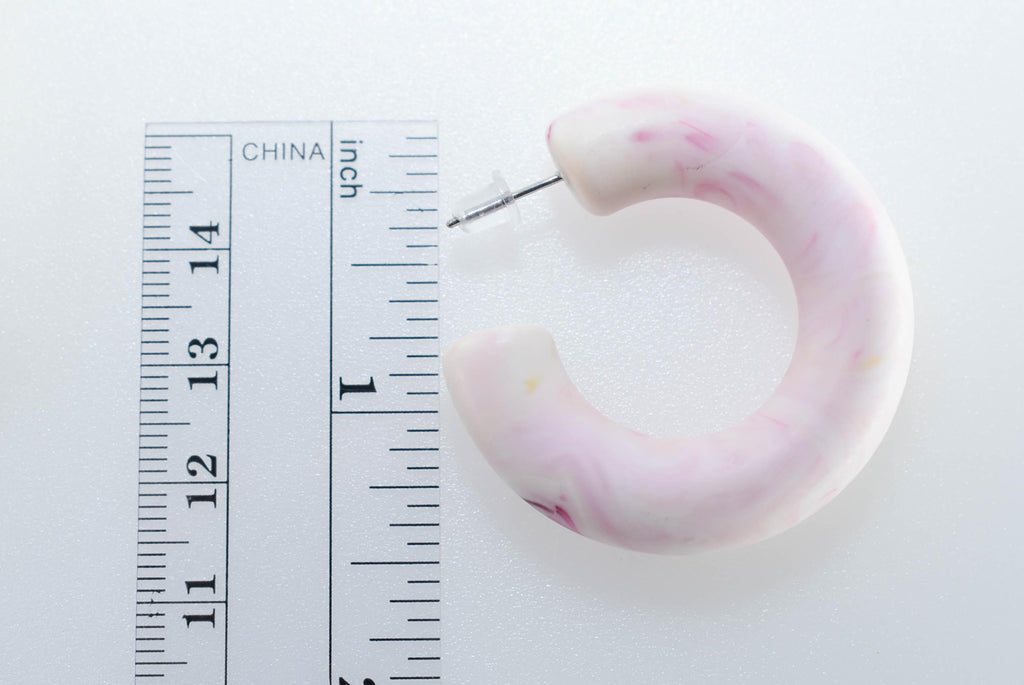 White Marbled Color Bohemian Retro Lightweight Lucite 1.5" Semi Chunky Hoop Earrings Womans Gift Dress Night Out