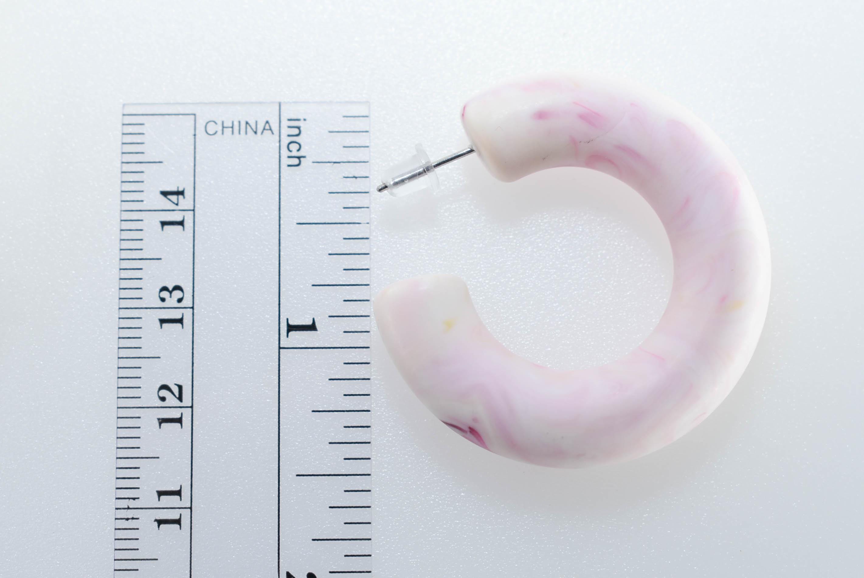 White Marbled Color Bohemian Retro Lightweight Lucite 1.5" Semi Chunky Hoop Earrings Womans Gift Dress Night Out