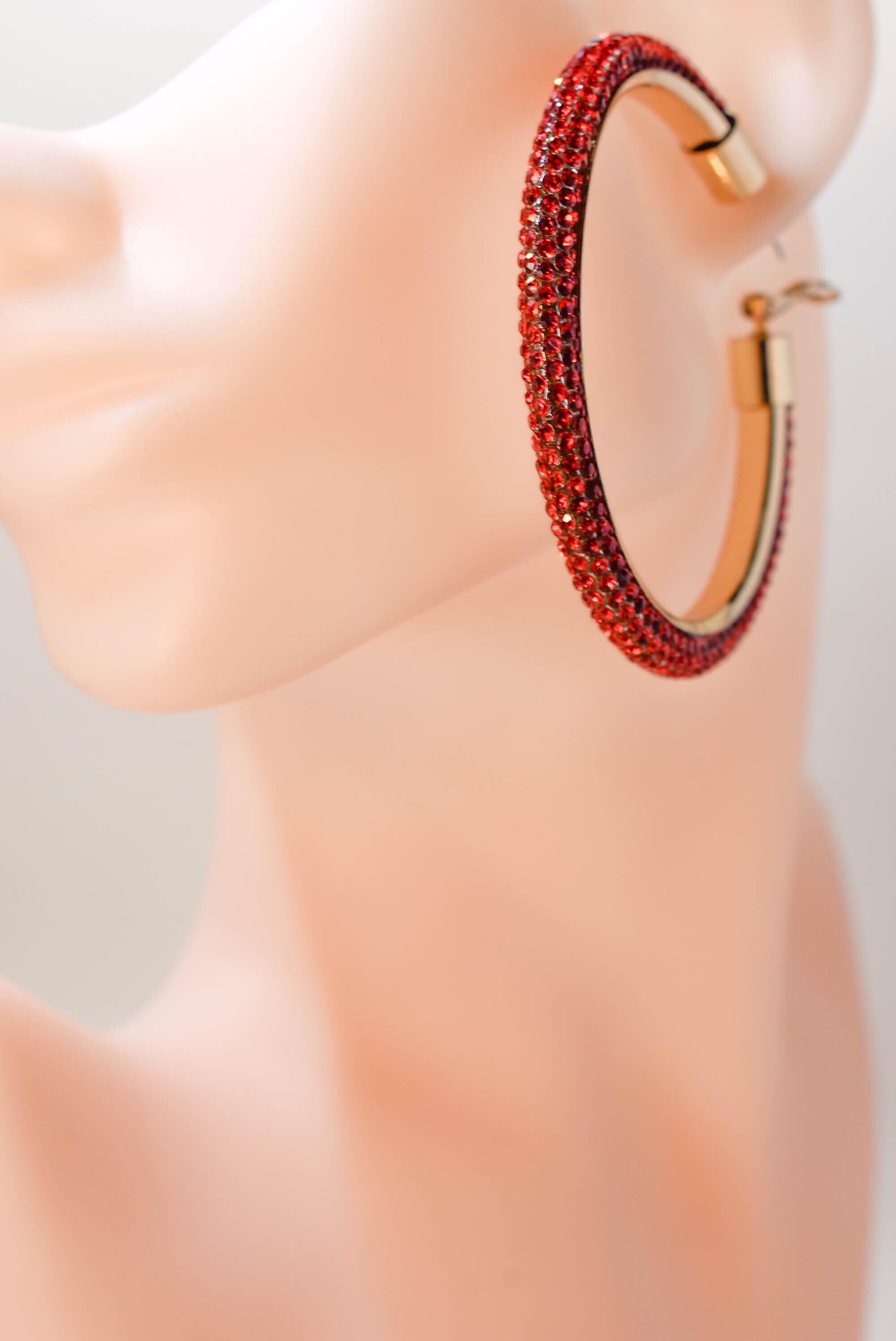 2.5" Large Red Bling Diva Pave Resin Set Rhinestone Hoop Earrings Women Party Night Out