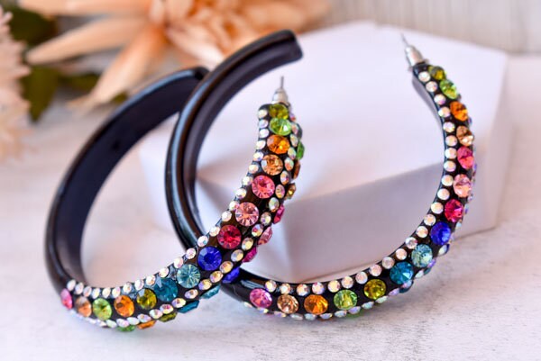 Black 5 Row Bling Statement Acrylic Lucite Multicolor Rhinestones 2.5" Women's Hoop Earrings Pageant Weddings Night Out Diva Pageant