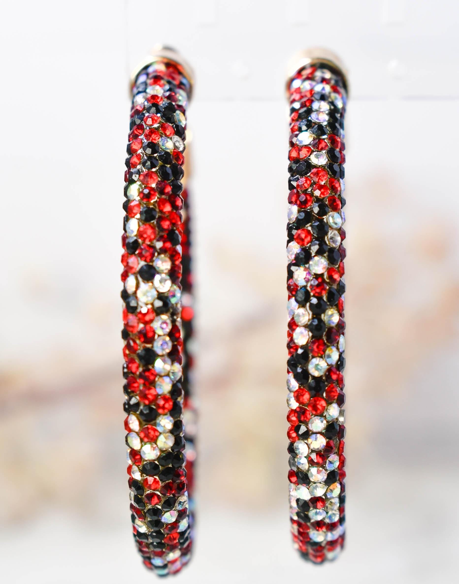 2.5" Ladies Bohemian Multi Tone Red Black Clear Rhinestone Sparkle Wrap Pave Open Hoop Earrings Stone Accent Women Party Night Out Bling