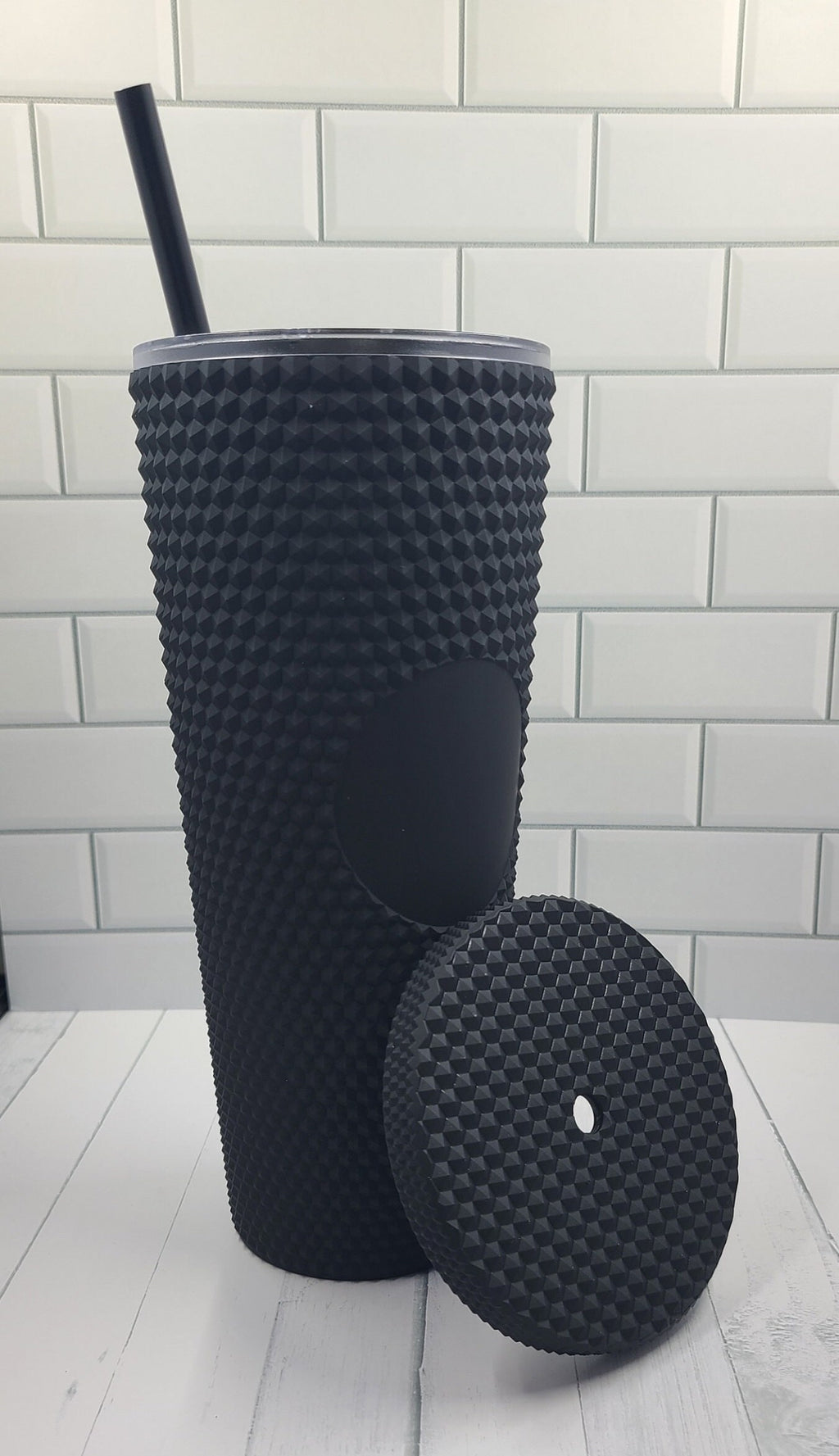 24oz Black Matte Studded Soft Texture To Go Travel Tumbler Cup Blank Center Circle with Lid and Matching Straw