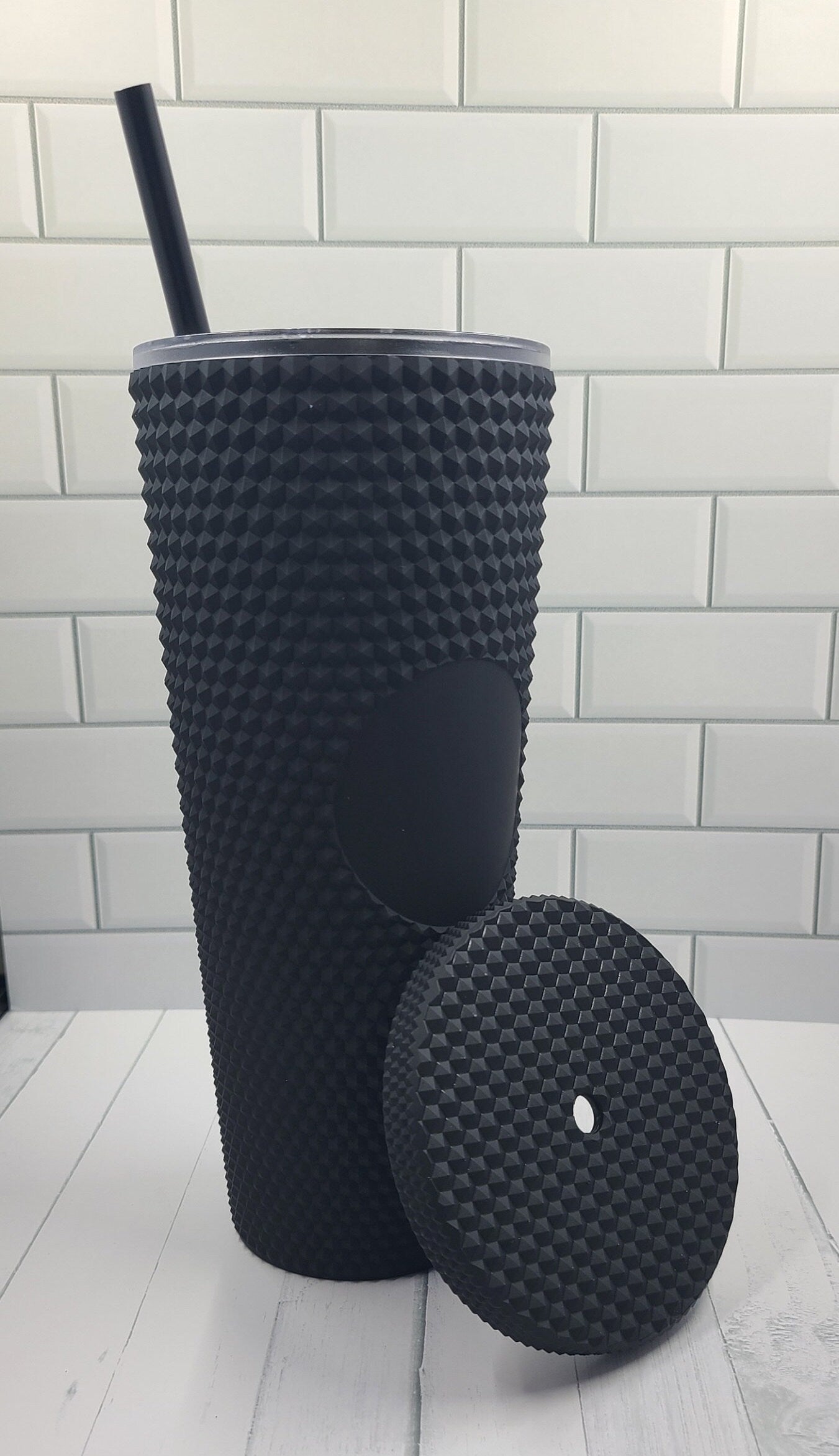 24oz Black Matte Studded Soft Texture To Go Travel Tumbler Cup Blank Center Circle with Lid and Matching Straw