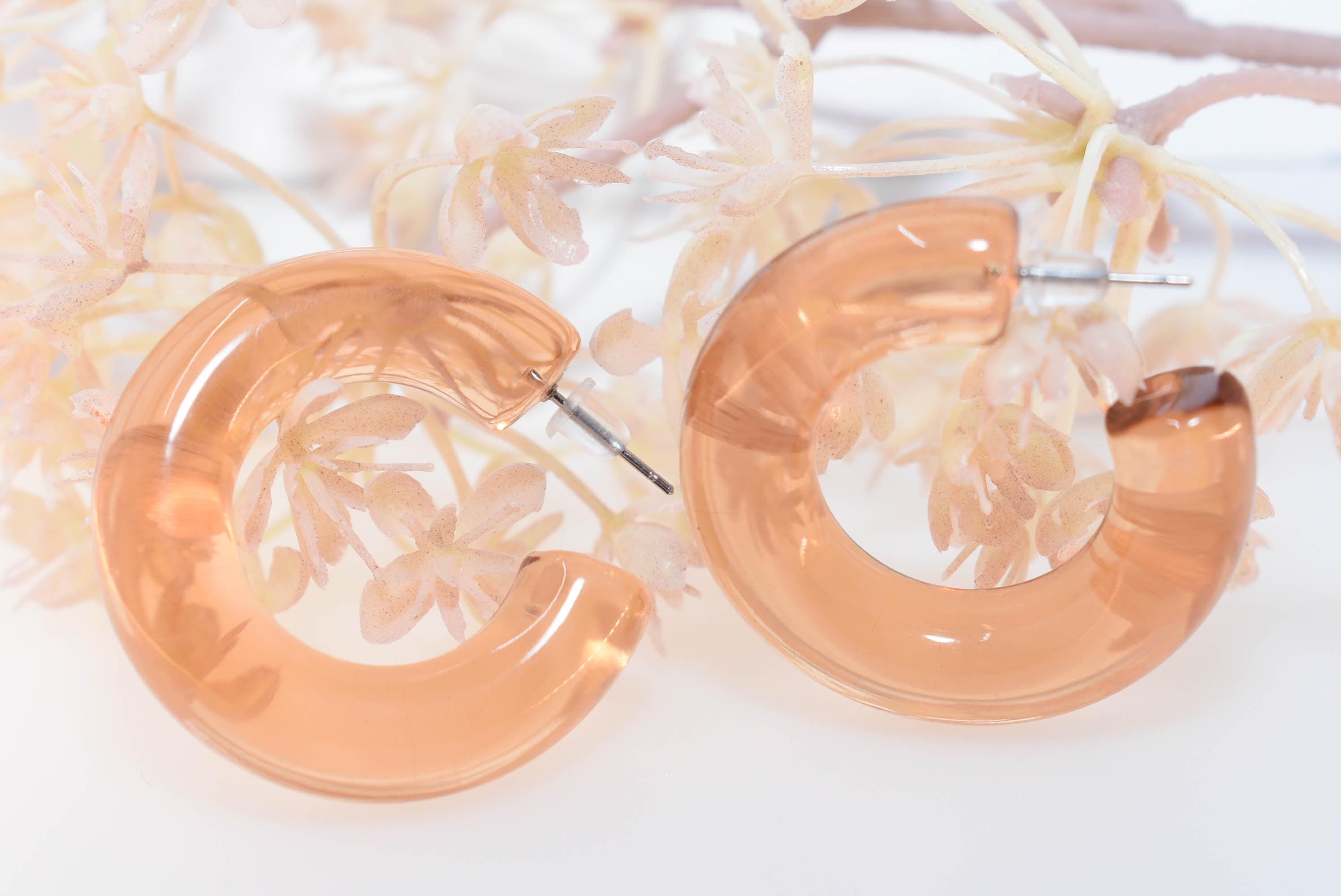 Translucent Light Amber Retro Boho Semi Chunky Lucite Jelly 1.5" Hoop Earrings