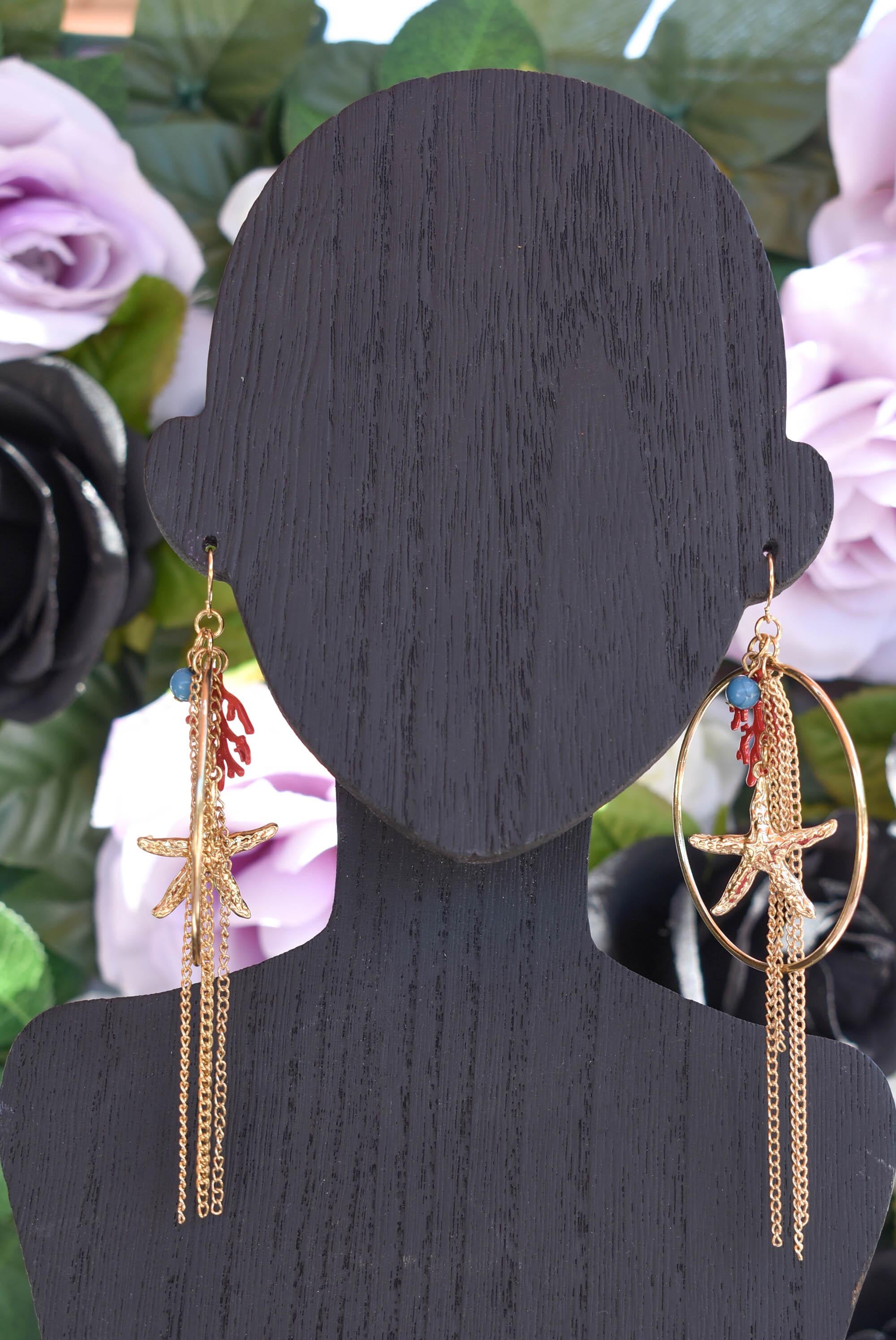 Summer Beach 4" Dangle Drop Sea Life Charm Starfish Coral Chain Dangle Earrings Gold Color Statement Earrings Bohemian