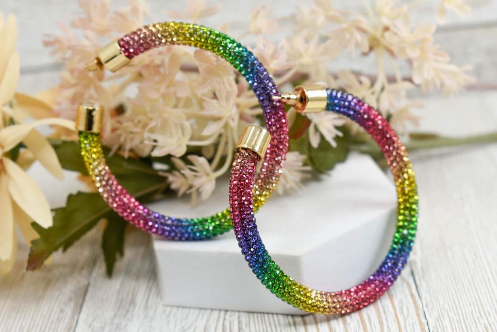 2.5" Ladies Bohemian Multicolor Rainbow Rhinestone Sparkle Wrap Pave Open Hoop Earrings Stone Accent Women Party Night Out