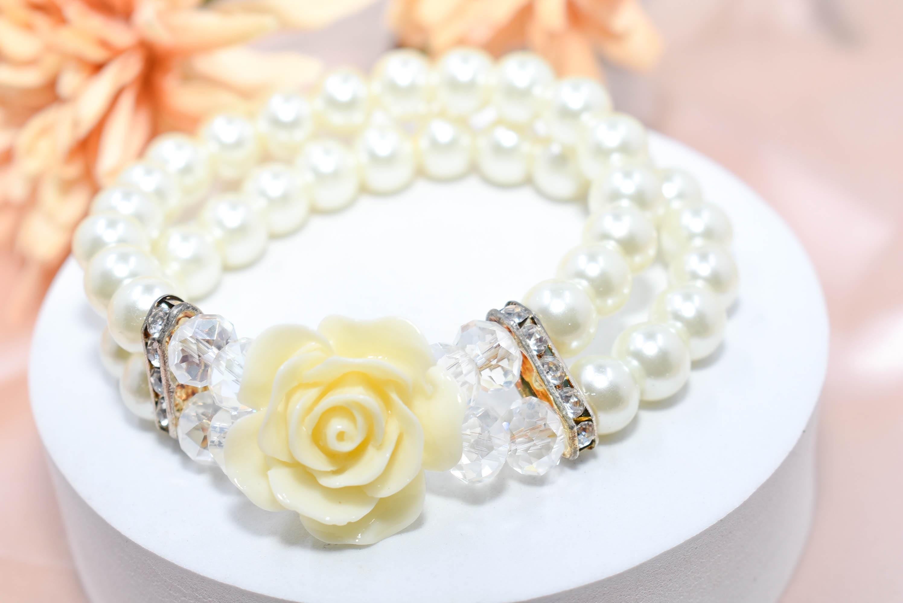 Elegant Double Strand Faux Pearl Crystal Bead Ivory Rose Charm Stretch Bracelet