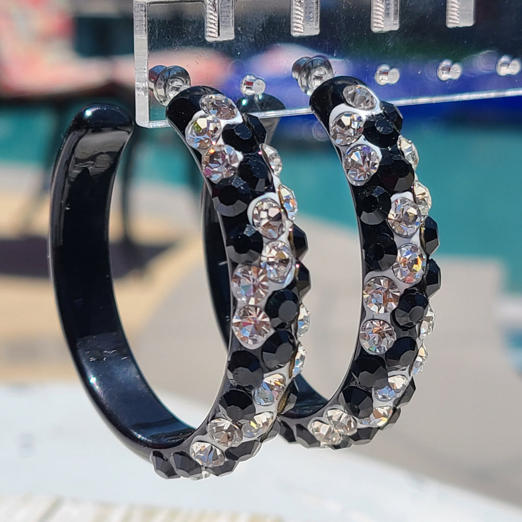 Black Bling Statement Acrylic Lucite Clear/Black Rhinestones 2" Women's Hoop Earrings with White Paint Accent Pageant Weddings Night Out