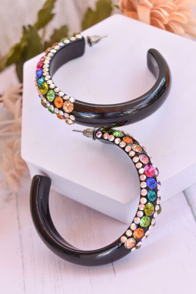 Black 5 Row Bling Statement Acrylic Lucite Multicolor Rhinestones 2" Women's Hoop Earrings Pageant Weddings Night Out Diva Pageant