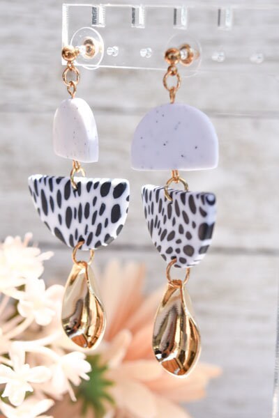 Boho Fashion Statement Handmade Polymer Clay "Aria Dalmatian" Dangle Drop Earrings Gifts Women Polka Dot