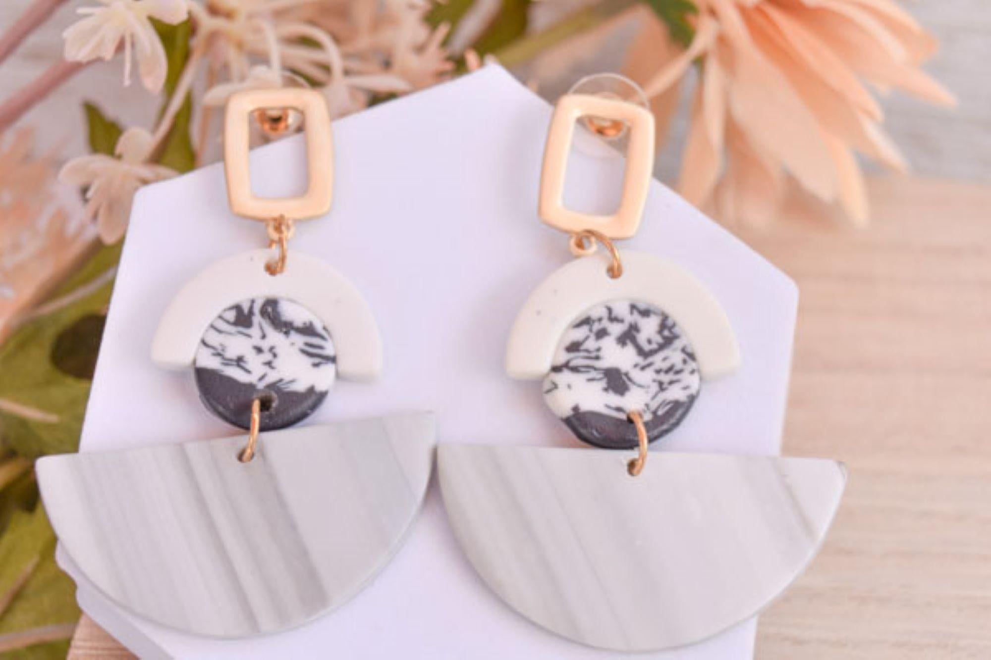 Boho Fashion Statement Handmade Polymer Clay "Betty" Dangle Drop Earrings Gifts Women Gray