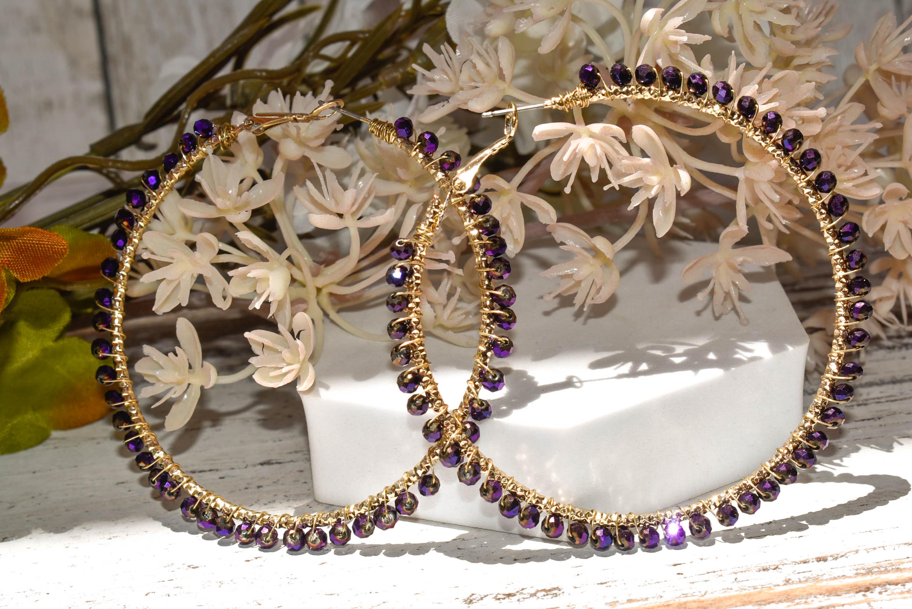 Boho Hematite Purple Mini Crystal Glass Beads 2.75" Gold Tone Hoops