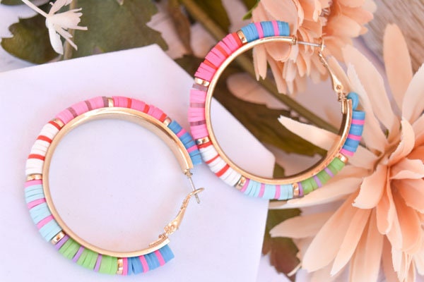 Boho Chic Statement Bright Multicolor Polymer Dark Discs Gold Tone Lever Back Hoop Earrings Women Gifts