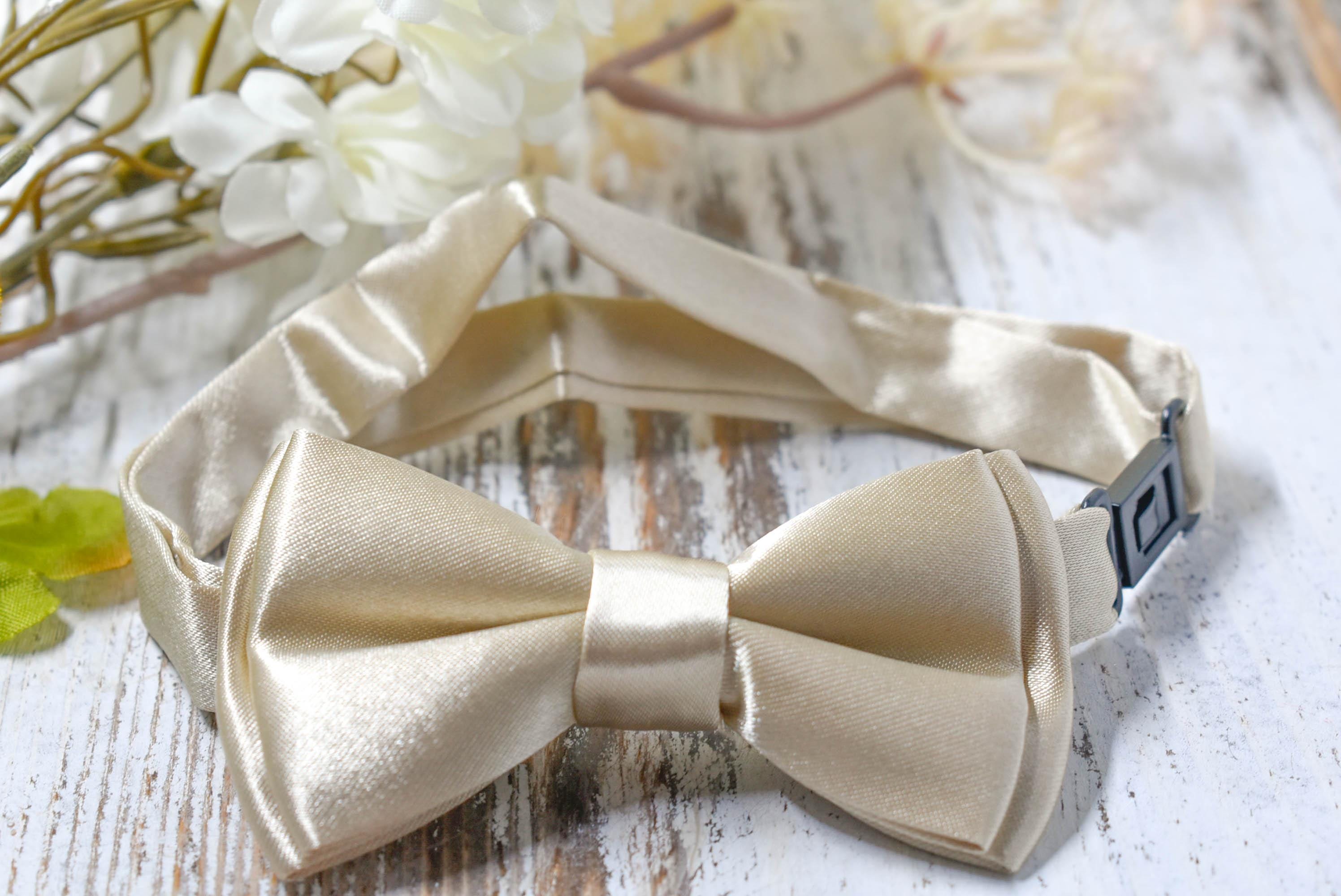 Kids Children's Satin Bow Tie Light Gold Champagne Adjustable Neck Length Formal Attire Wedding Ceremony