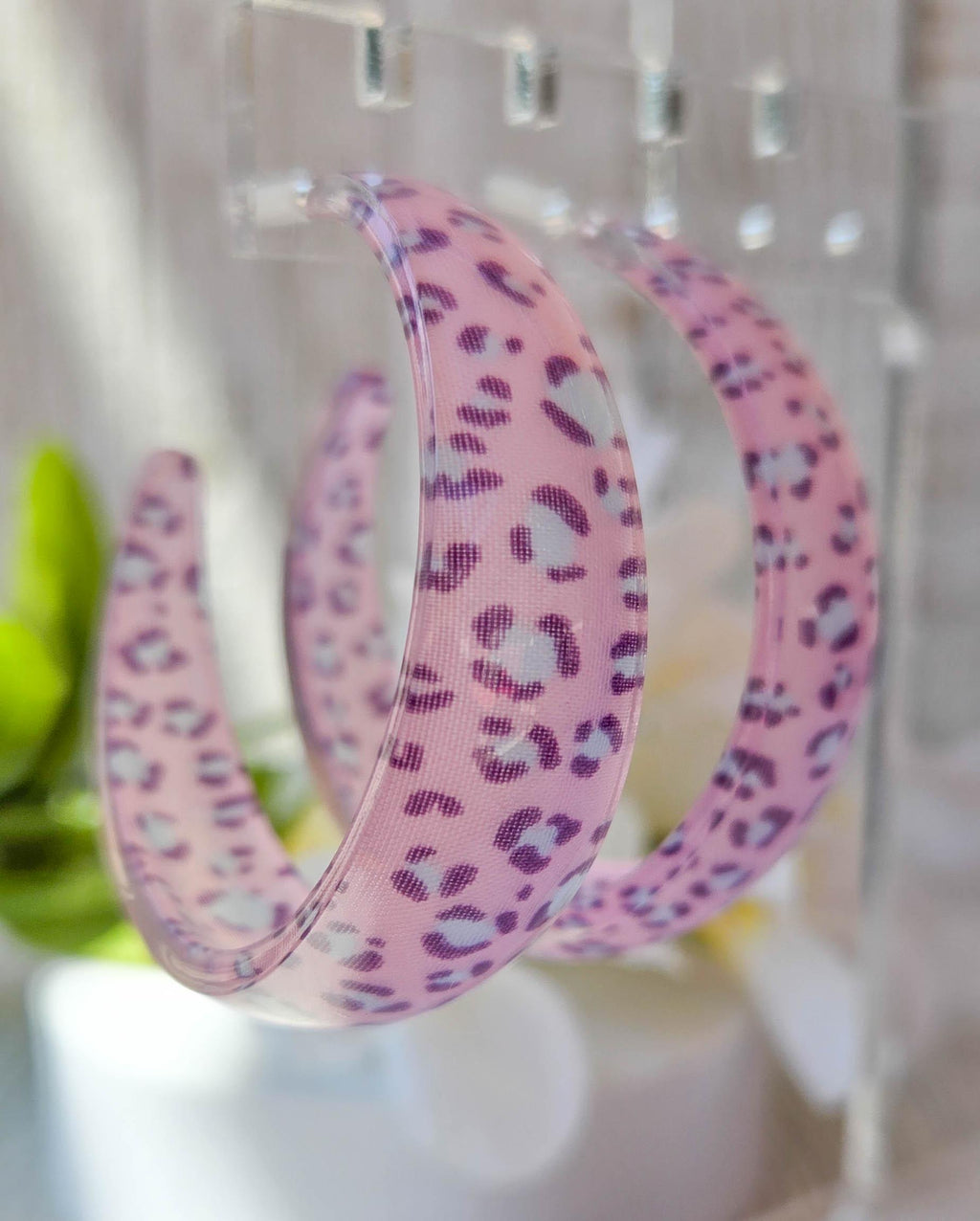 Translucent Pink Acetate Leopard Print Hoop Earrings 2" Stylish Statement Chic Hoops Animal Print Earrings