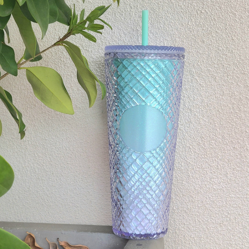 24oz Mint Shimmery Diamond Grid Studded Textured To Go Travel Tumbler Cup Blank Center Circle with Lid and Straw BPA Free