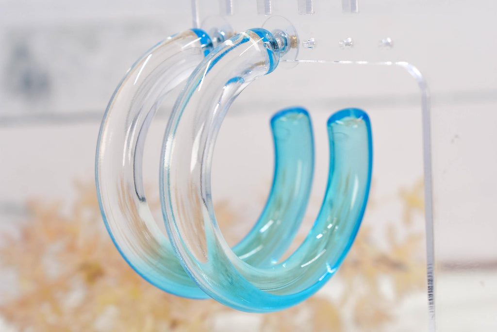 Translucent Gradient Clear & Light Blue Retro Boho Statement Chunky Lucite Ombre Hoop Earrings Fun Earrings Costume Accessories Womens Hoops