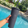 24oz Black Matte Studded Soft Texture To Go Travel Tumbler Cup Blank Center Circle with Lid and Matching Straw