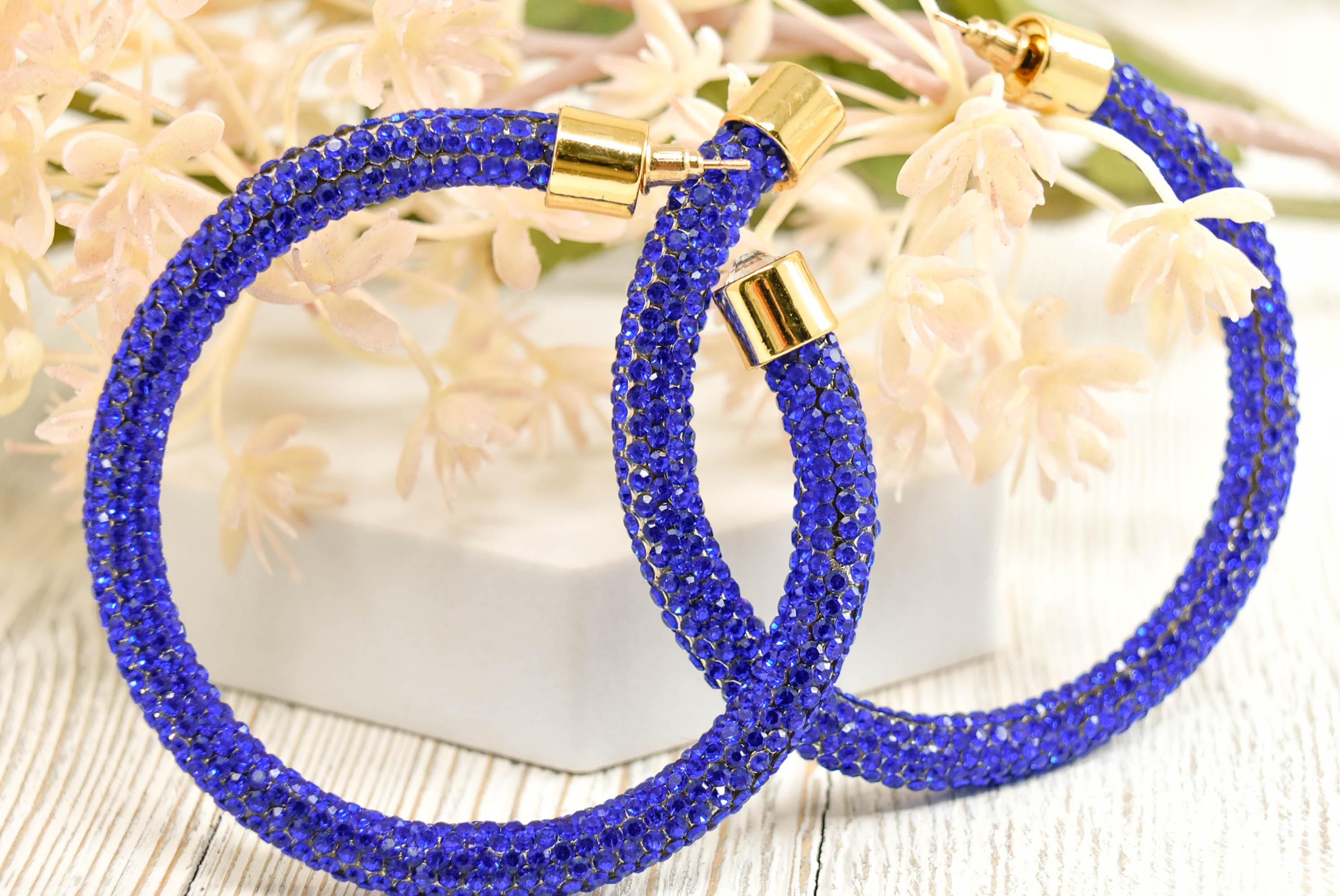 2.5" Ladies Bohemian Royal Blue Rhinestone Sparkle Wrap Pave Open Hoop Earrings Stone Accent Women Party Night Out