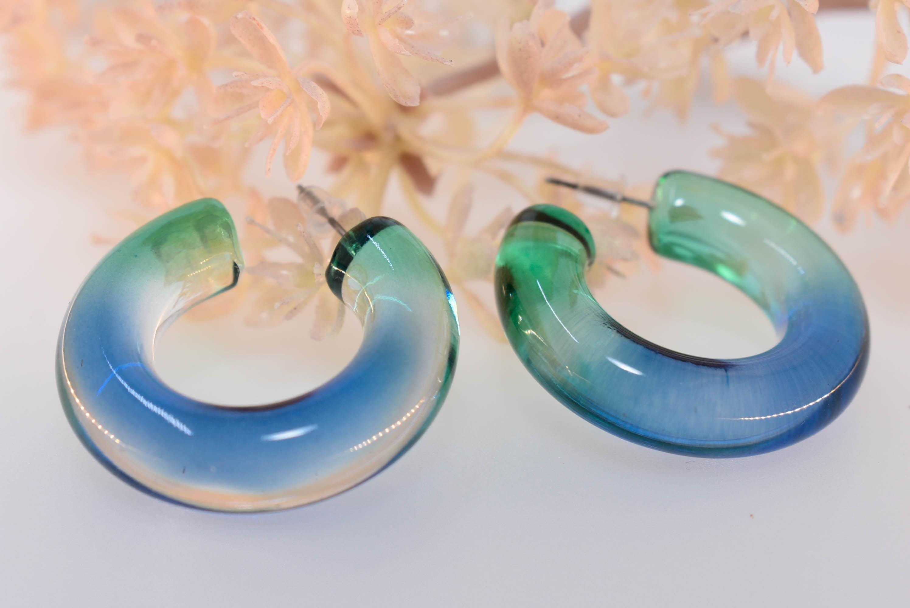 Translucent Gradient Teal Blue Retro Boho Semi Chunky Lucite Ombre Jelly 1.5" Hoop Earrings