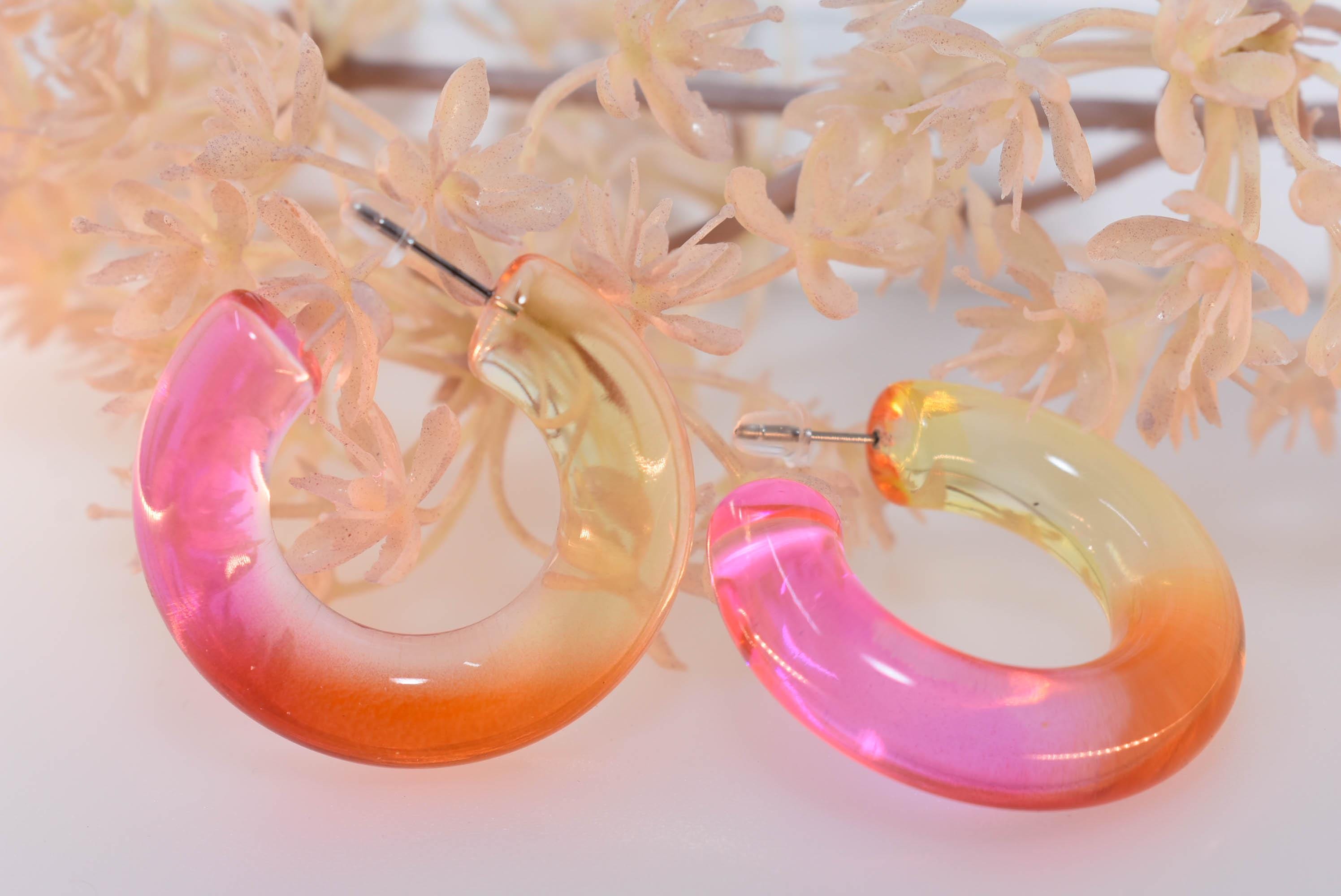 Translucent Gradient Amber Orange Pink Boho Semi Chunky Lucite Ombre Jelly 1.5" Hoop Earrings
