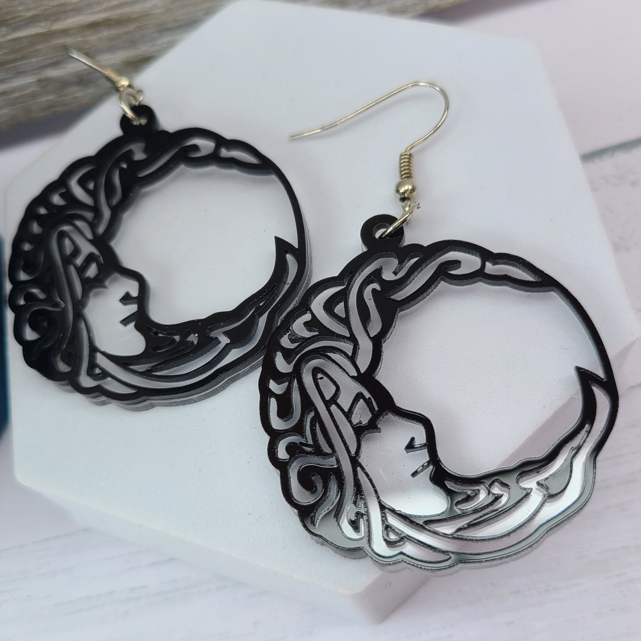 Steampunk Celestial Crescent Moon Lady Face Silhouette Dangle Earrings