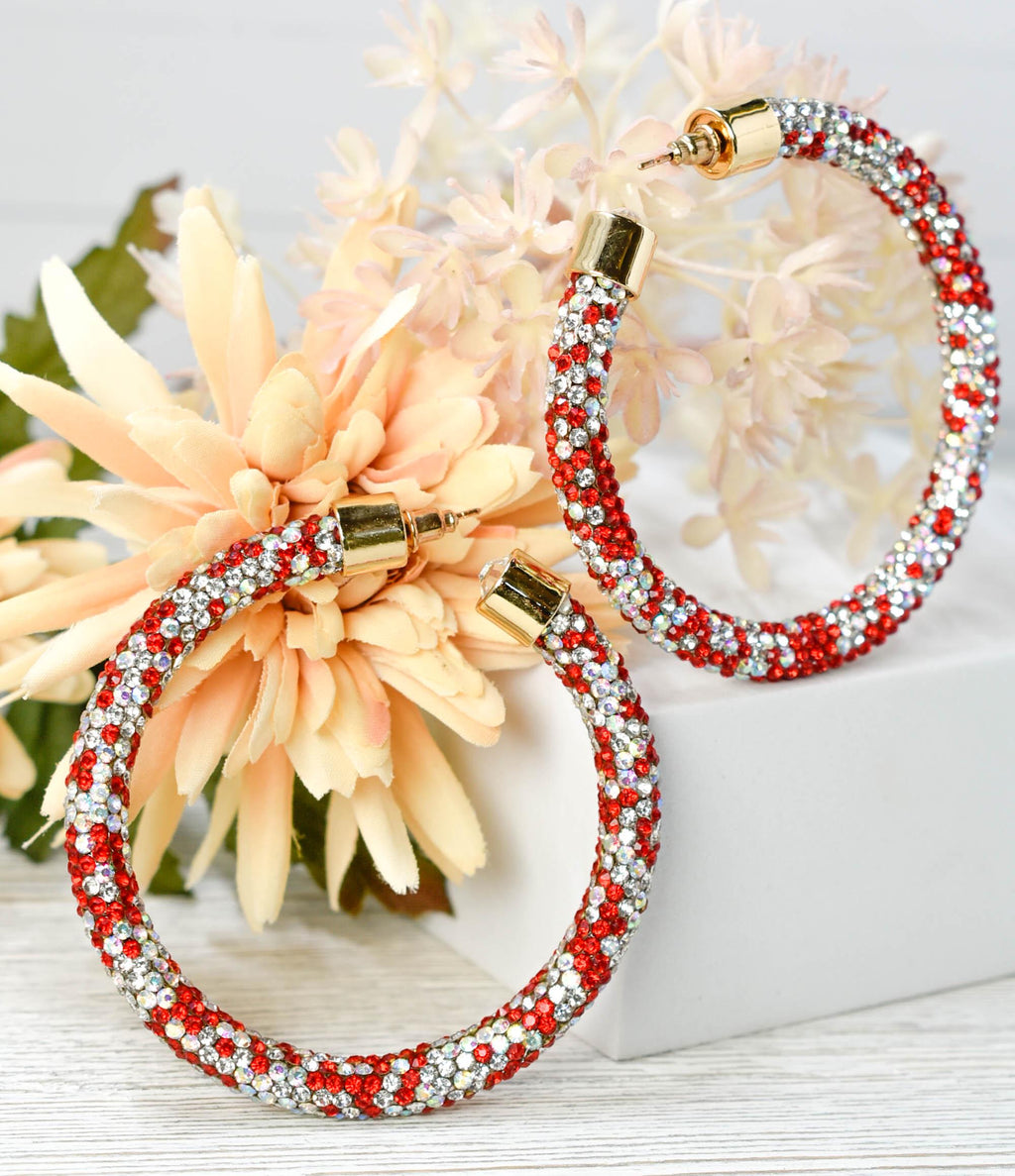 2.5" Ladies Bohemian Multi Tone Red  Clear Rhinestone Sparkle Wrap Pave Open Hoop Earrings Stone Accent Women Party Night Out Bling