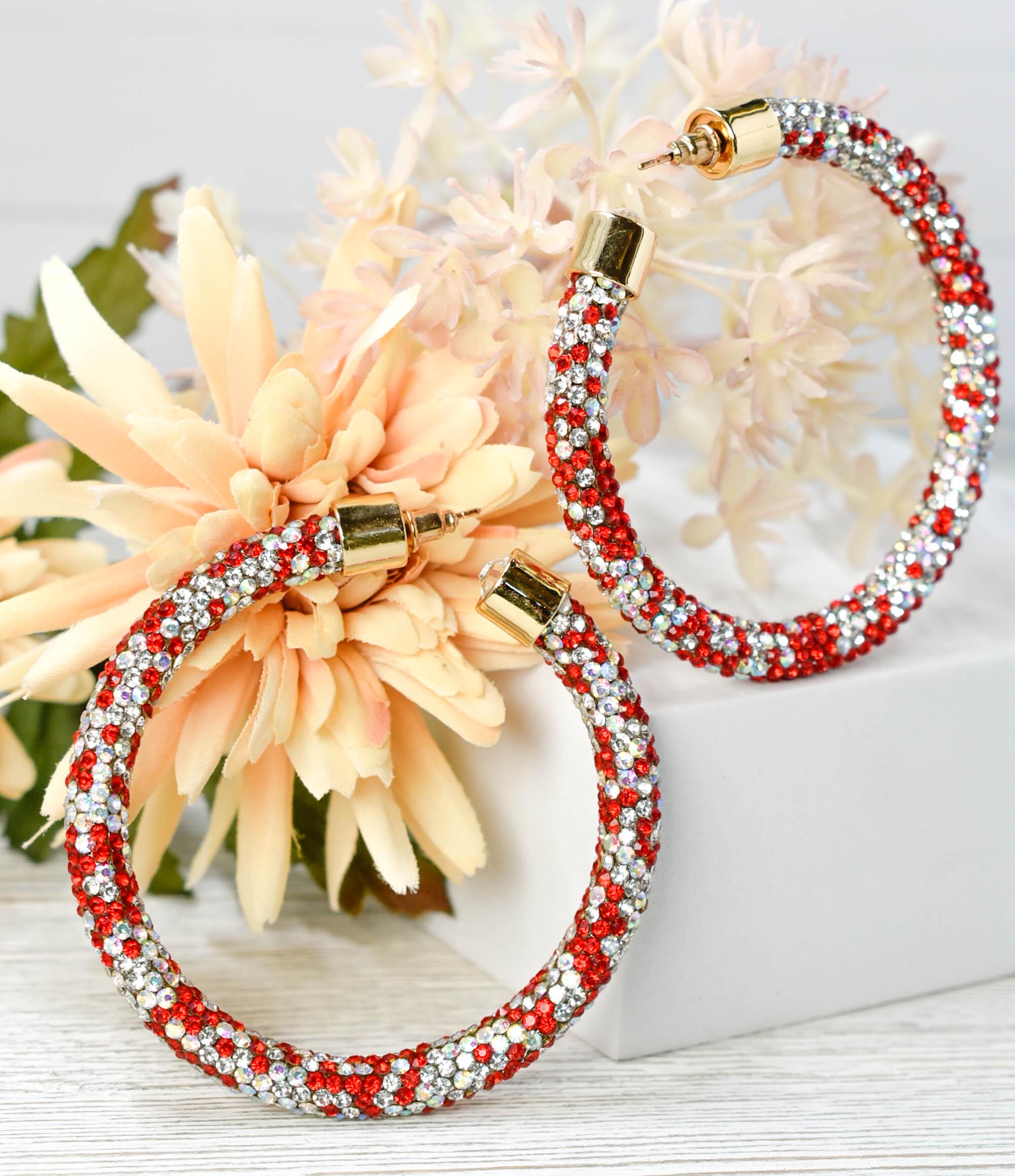 2.5" Ladies Bohemian Multi Tone Red  Clear Rhinestone Sparkle Wrap Pave Open Hoop Earrings Stone Accent Women Party Night Out Bling