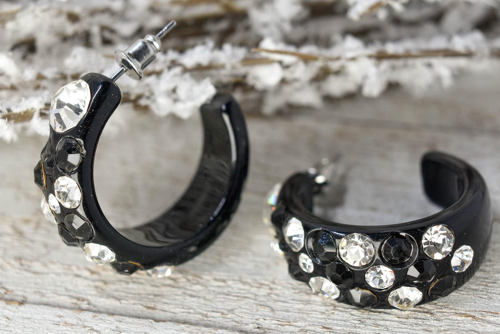 Black Bling Statement Semi Wide Lucite Black/Clear Diagonal Rhinestones 1" Women's Hoop Earrings Pageant Weddings Night Out Diva Pageant