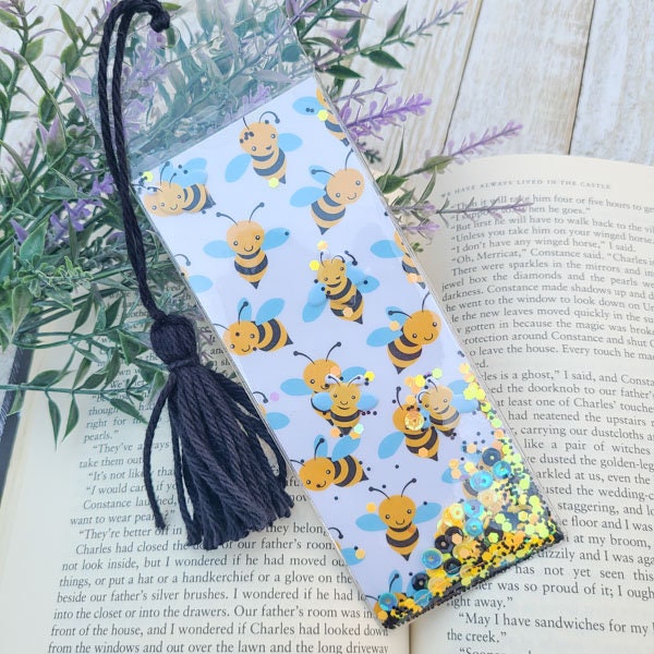 Cute Bumble Bee Theme Pattern Glitter & Sequin Shaker Double Sided Bookmark  Book Lovers Stocking Stuffer Gifts Kids Spring