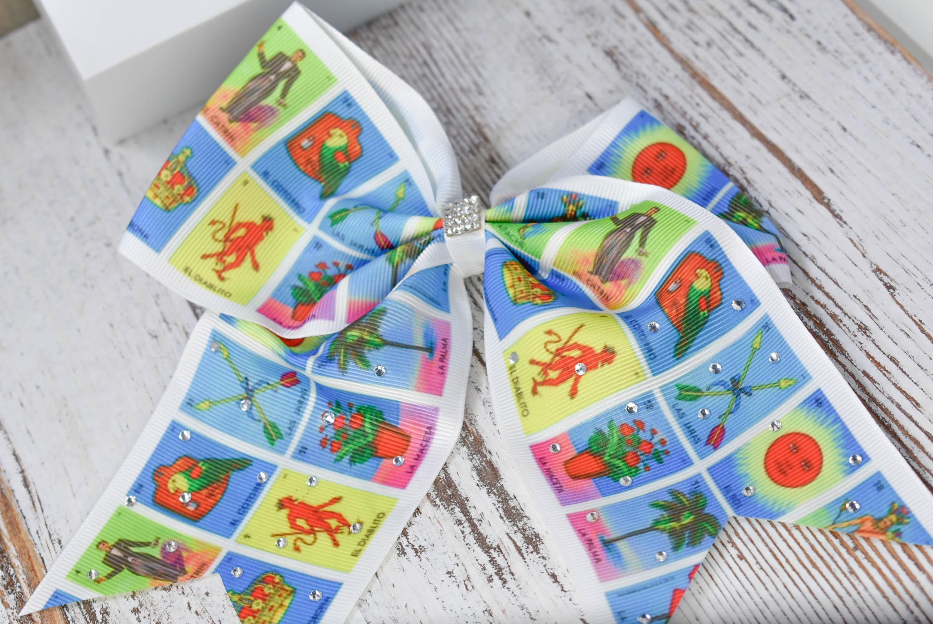 Large Loteria Print Rhinestone Embellished Hair Bow Alligator Clip Girls Women Theme Hair Accessory Mexican Hispanic Culture