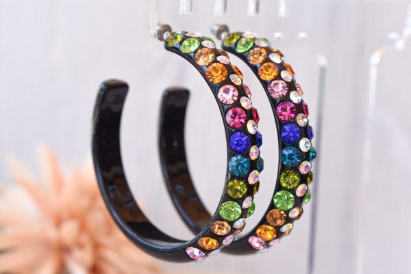 Black 3 Row Bling Statement Acrylic Lucite Multicolor Rhinestones 2.5" Women's Hoop Earrings Pageant Weddings Night Out