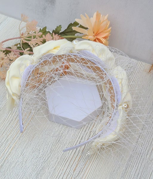 Ivory Satin Rose Bridal Headband: Wedding Veil Fascinator