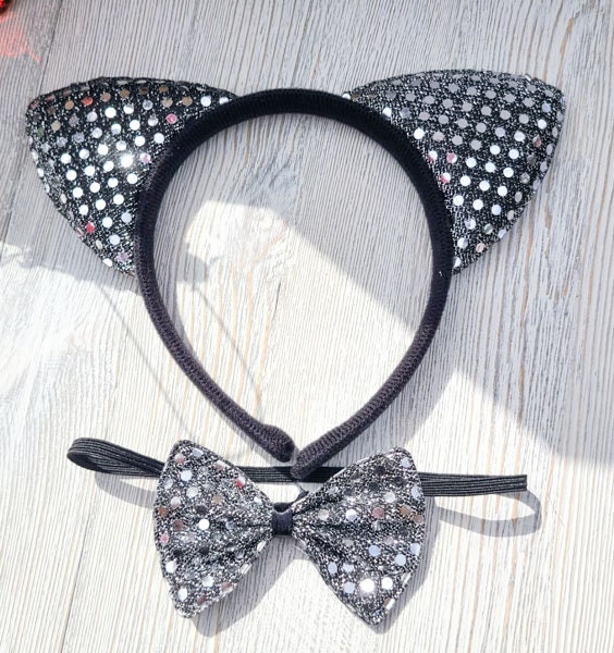 Halloween Costume Cosplay Sequin Style Silver/Black Cat Ears Headband and Matching Bow Tie Kids Adults Dress Up