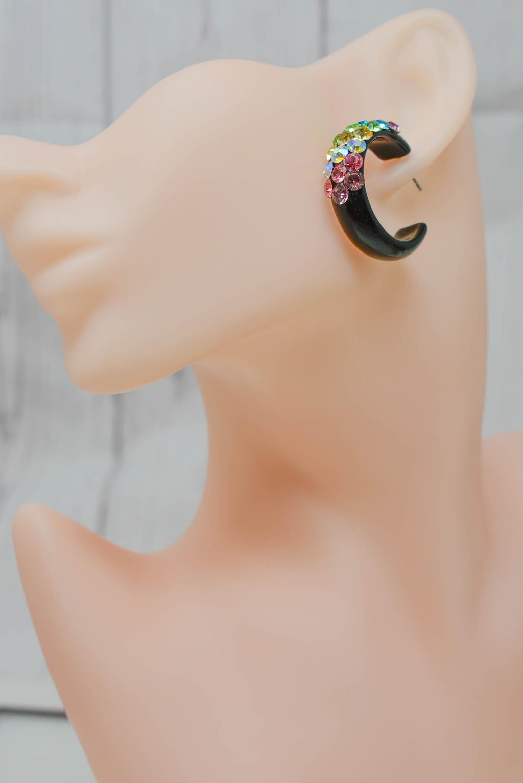 Black Diagonal Pattern Bling Lucite Light Multicolor Rhinestones 1.25" Hoop Earrings Pageant Weddings Night Out