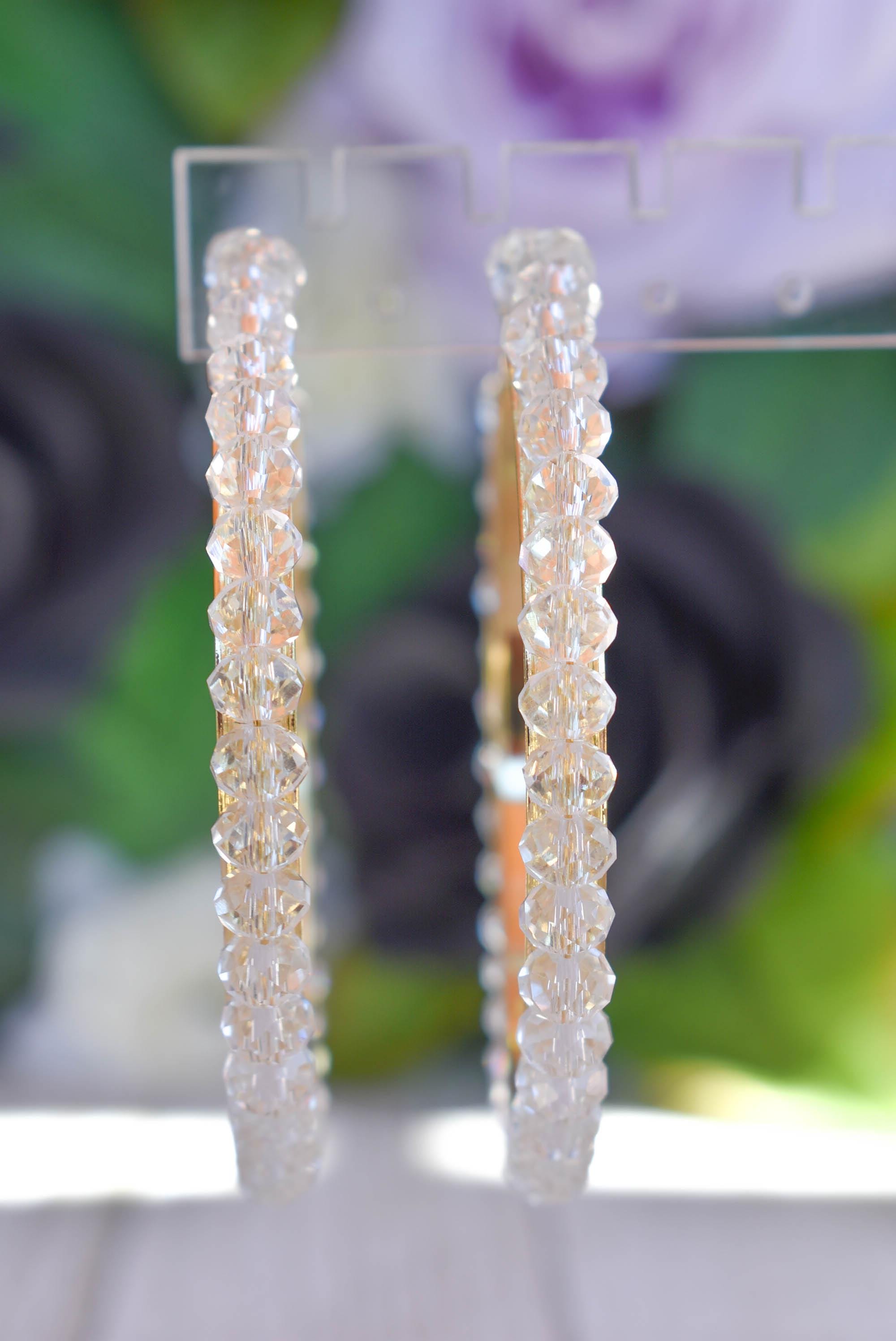 Statement Boho Clear Crystal Glass Beads 2.75" Gold Tone Hoop Earrings Stylish Jewelry Women's Fashion Diva Accessories Pageants