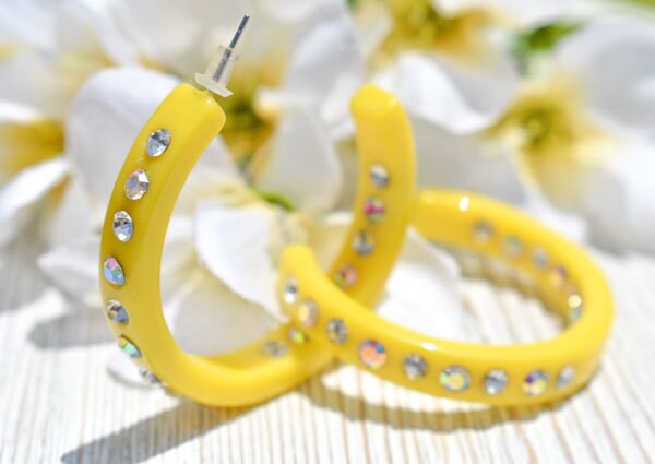 Yellow Color Single Row Bling Statement Lucite White Inner & Outer Rhinestones 2" Women's Hoop Earrings Pageant Weddings Night Out