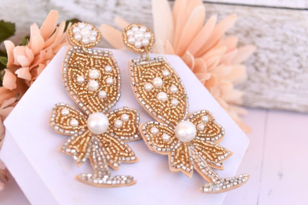 Bachelorette Bridal Shower Statement Gold Color Seed Bead Bow Accent Champagne Flute Glass Dangle Drop Earrings Women Weddings Bride