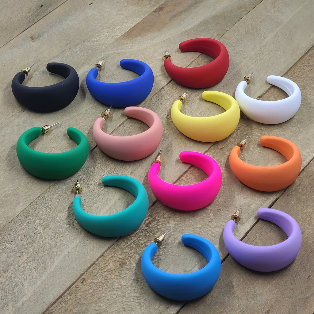Blue 80's Retro Smooth Matte Texture 1.5" Semi Wide Fashion Hoop Earrings