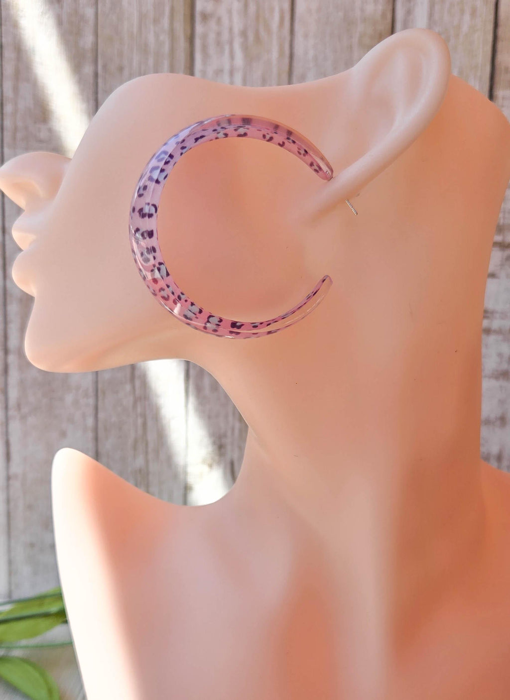 Translucent Pink Acetate Leopard Print Hoop Earrings 2" Stylish Statement Chic Hoops Animal Print Earrings