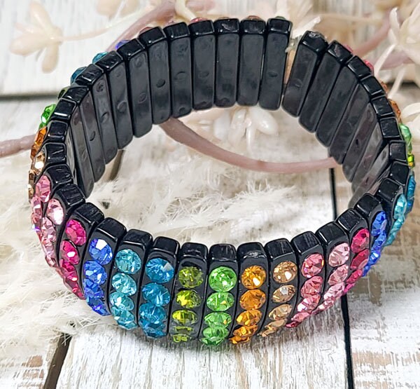 Black Stretch Segmented Bracelet with Multicolor Rhinestones Women's Fashion Statement Jewelry Pageant Night Out